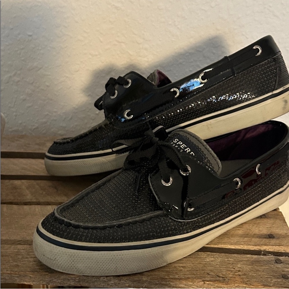 Sperry Black Boat Shoes with sequins sz 8
